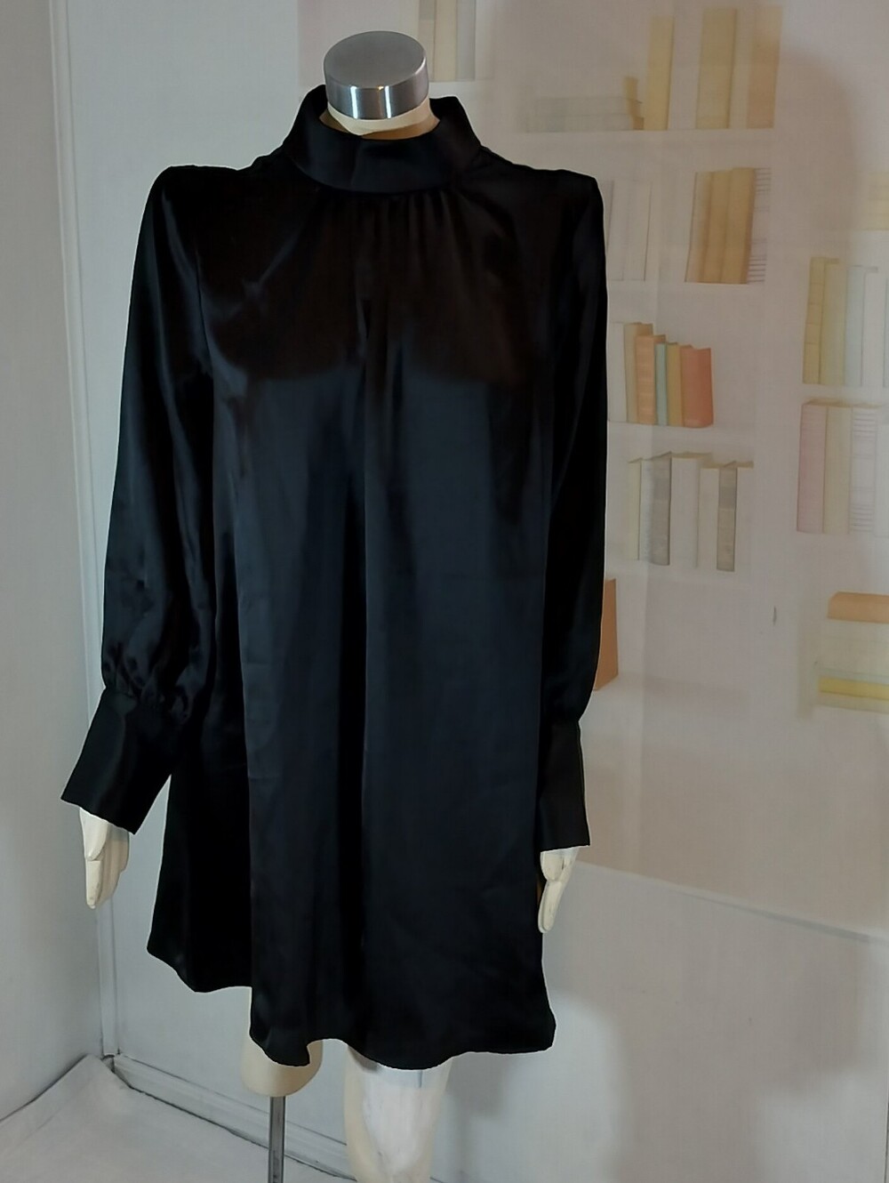 H&M Black Satin Midi Dress with High Neck